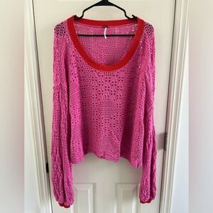 Free People Pink Crochet Top with Red accents